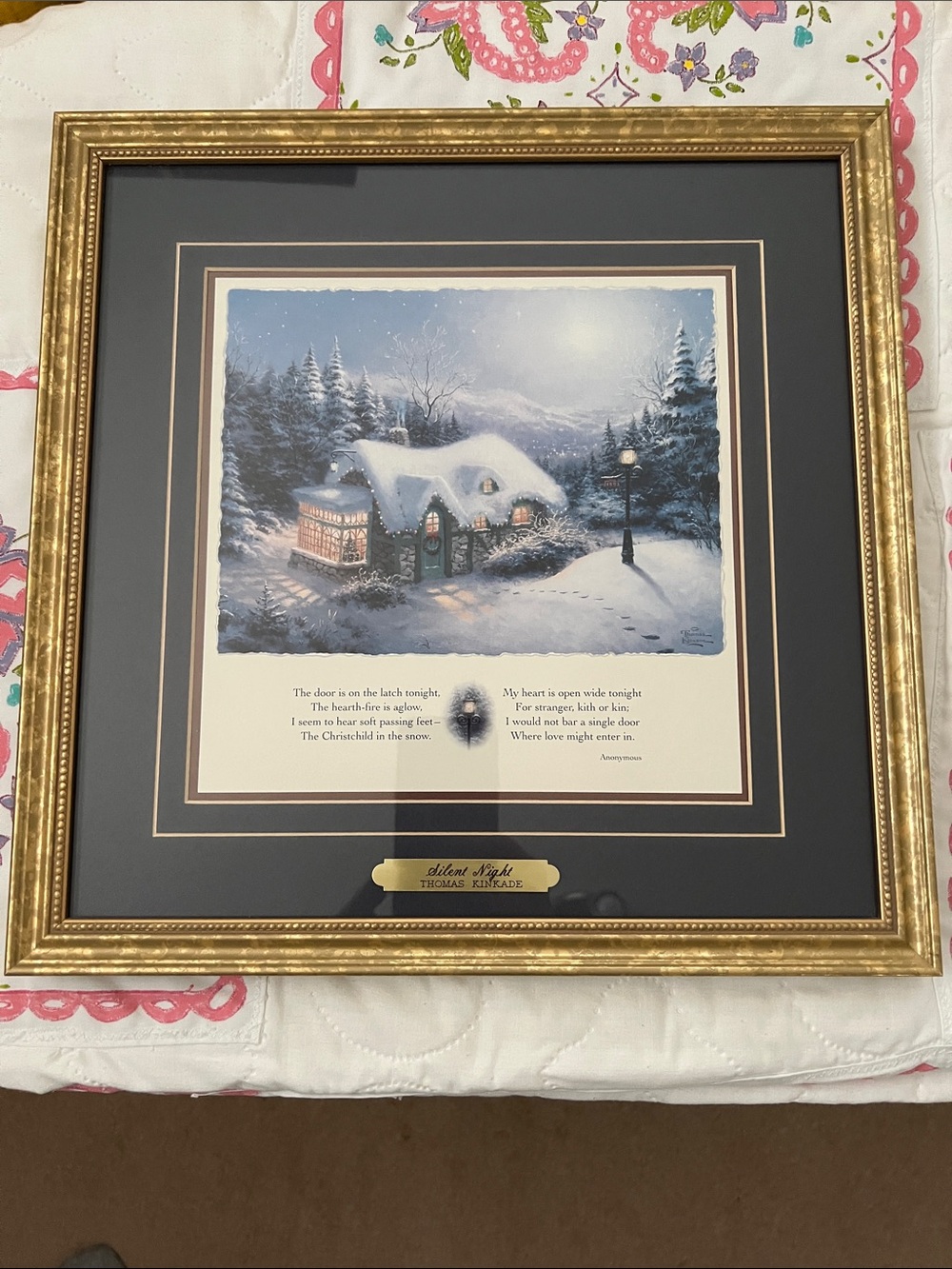 Thomas Kinkade Snowy Cottage in Blue, White, and Gold Accents